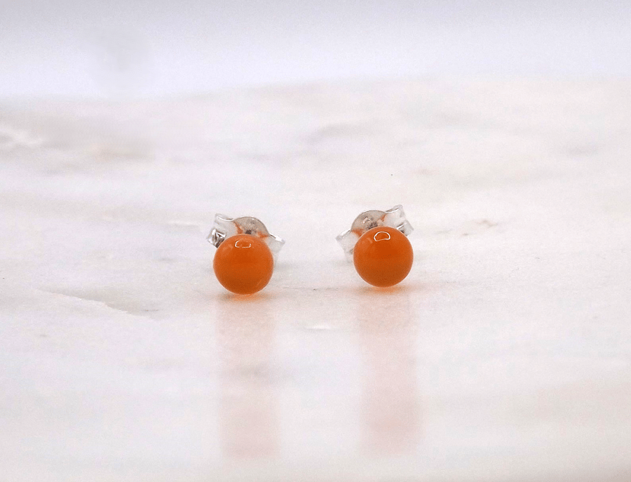 Carnelian Round Cabochon 4mm Gemstone Sterling Silver Stud Earrings.