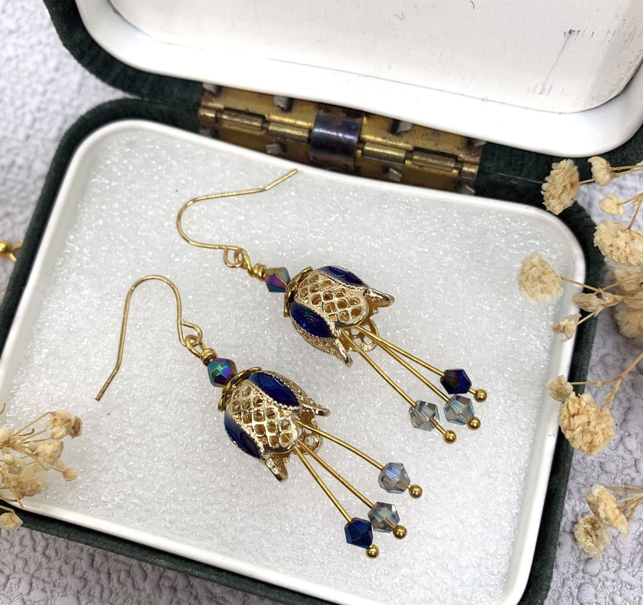 Vintage Style Blue Enamel and Gold Flower Drop Earrings