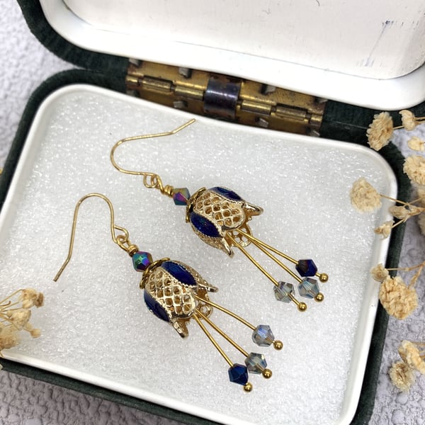 Vintage Style Blue Enamel and Gold Flower Drop Earrings