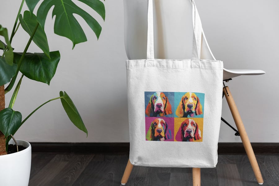 Basset Hound Dog pop art printed tote bag, shopping bag, dog gifts