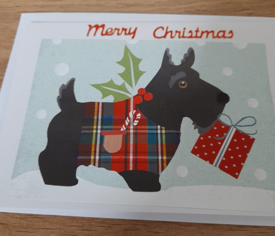 CUTE MERRY CHRISTMAS HANDMADE CARD WITH A SCOTTIE DOG.