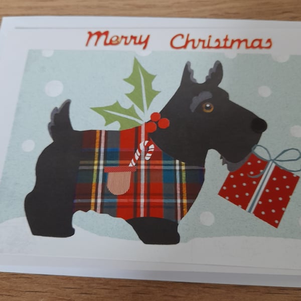CUTE MERRY CHRISTMAS HANDMADE CARD WITH A SCOTTIE DOG.