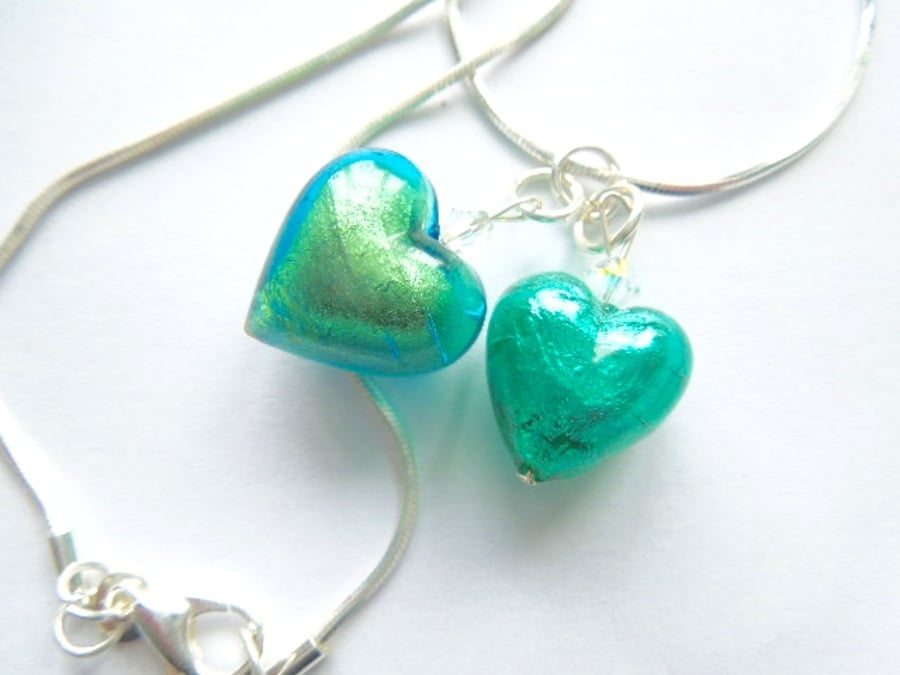 Murano glass green double heart pendant with Swarovski and sterling silver.