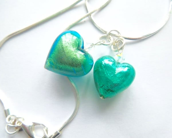 Murano glass green double heart pendant with Swarovski and sterling silver.