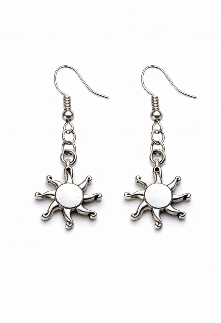 Silver Sunburst Earrings – Celestial Sun Dangle Earrings, Sterling Hooks