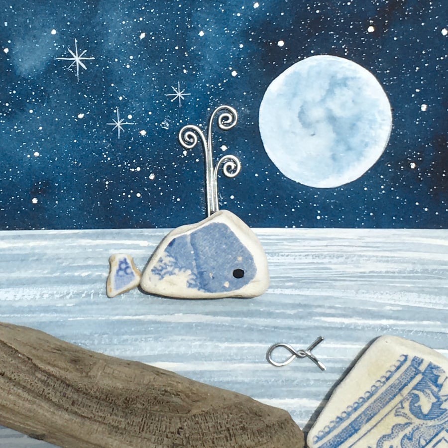 Whale by Moonlight - Watercolour & Pebble Art Picture. Beach Craft. Sea Pottery