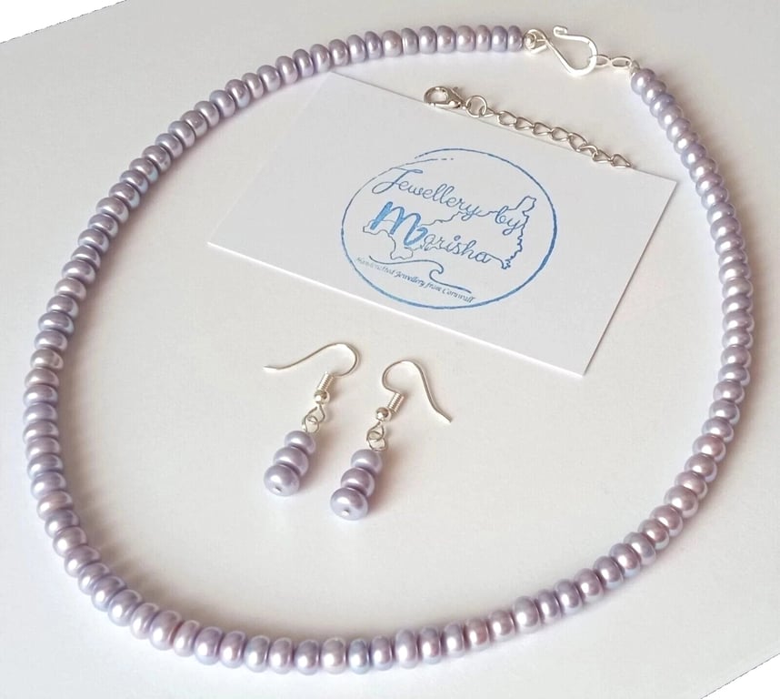 Lilac Genuine Freshwater Pearl Necklace & Earrings Set Silver Plated Jewellery 
