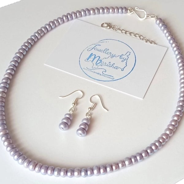 Lilac Genuine Freshwater Pearl Necklace & Earrings Set Silver Plated Jewellery 