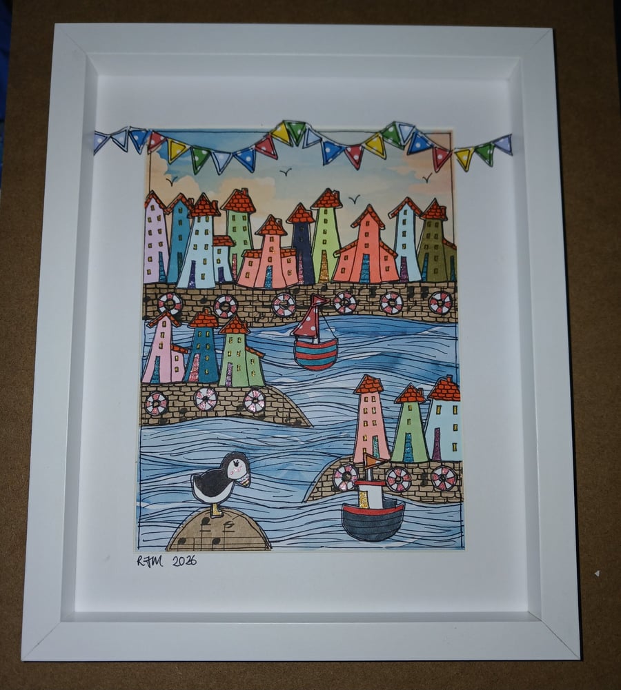 Quirky art, cute paper original art coastal colourful houses 10 x 8 " framed art