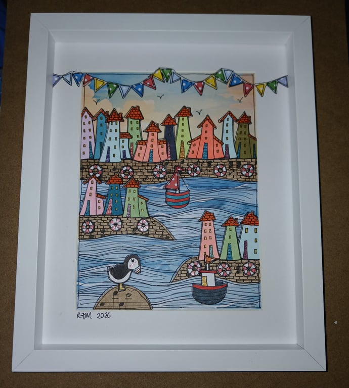 Quirky art, cute paper original art coastal colourful houses 10 x 8 " framed art
