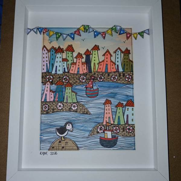 Quirky art, cute paper original art coastal colourful houses 10 x 8 " framed art