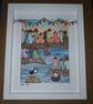 Quirky art, cute paper original art coastal colourful houses 10 x 8 " framed art