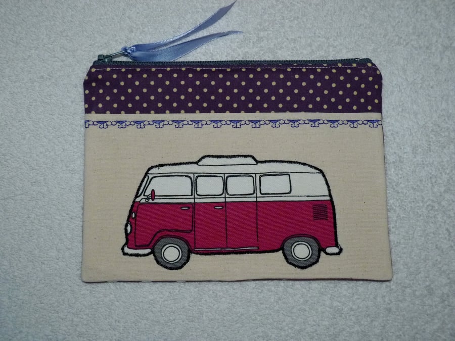 Pink VW Camper Applique Purse with Purple Polka Dot Trim. Fully Lined (L)