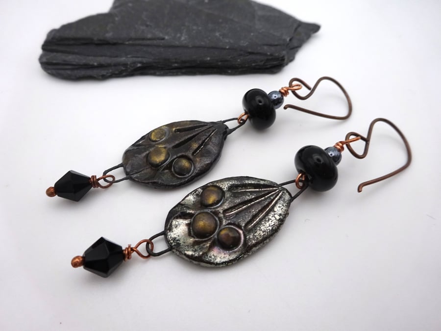 grey metallic ceramic earrings, lampwork glass jewellery