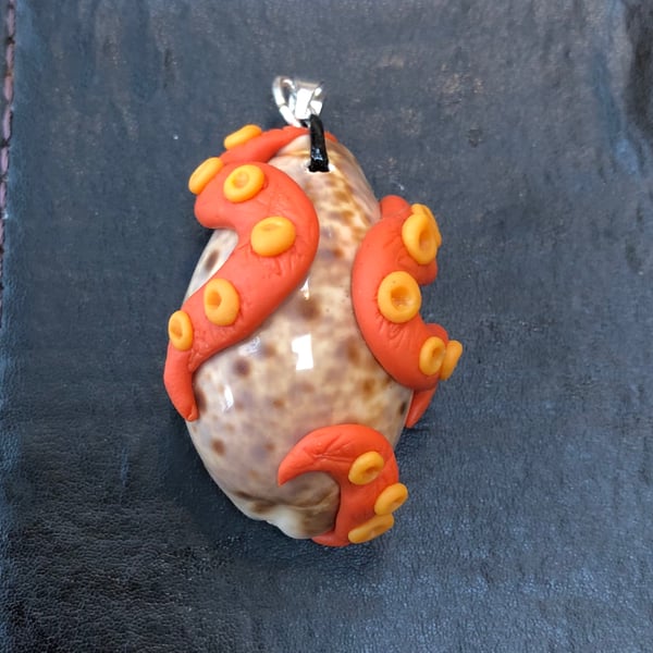 Octopus Tentacle Shell and Polymer Clay Pendant (creature of the deep: orange)