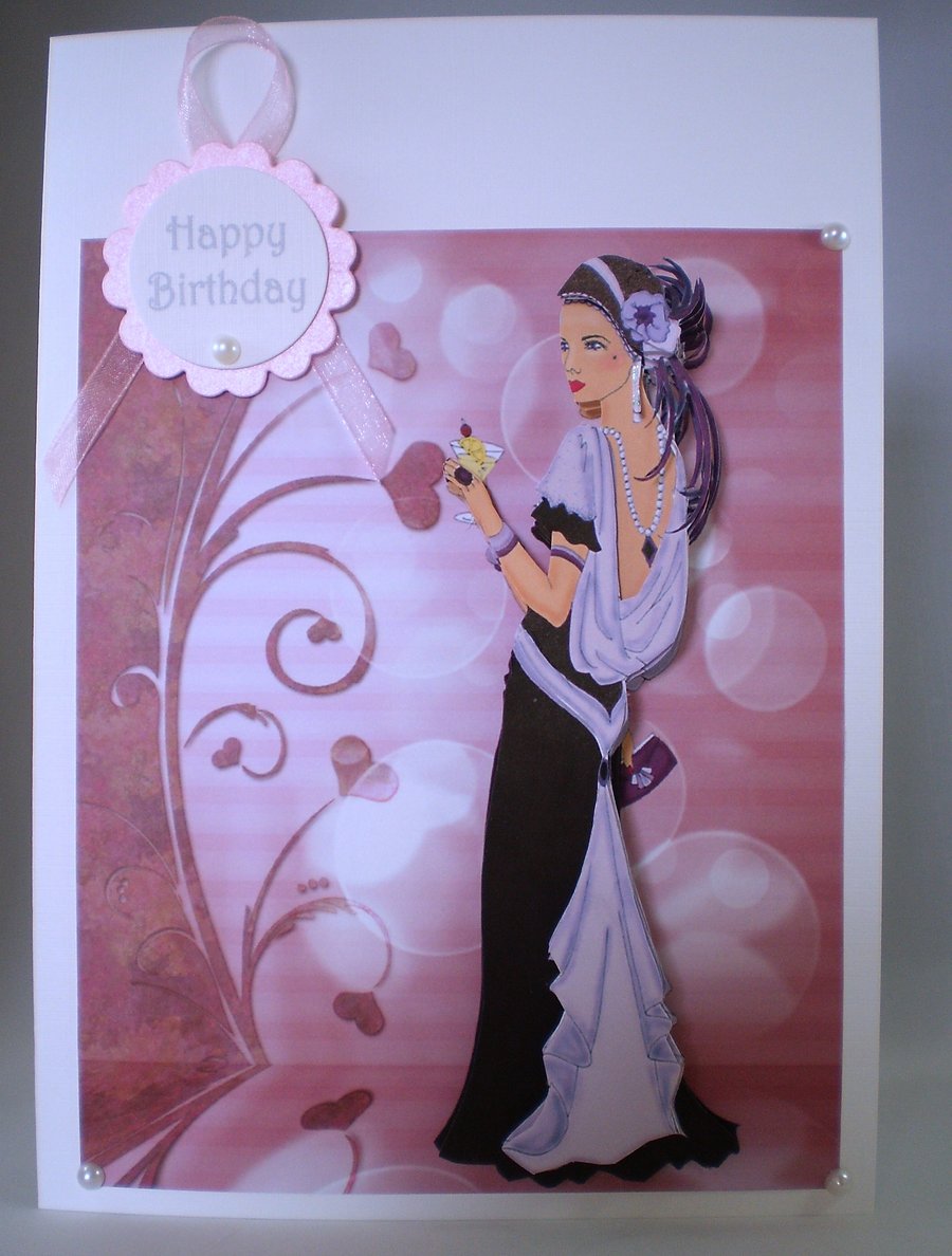 Handmade Decoupage Elegant Lady Birthday Card,Personalise