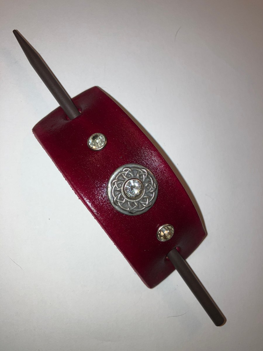 Dyed Red Leather HairStick Barrette W Celtic Knotwork Centre & White Gems