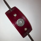 Dyed Red Leather HairStick Barrette W Celtic Knotwork Centre & White Gems