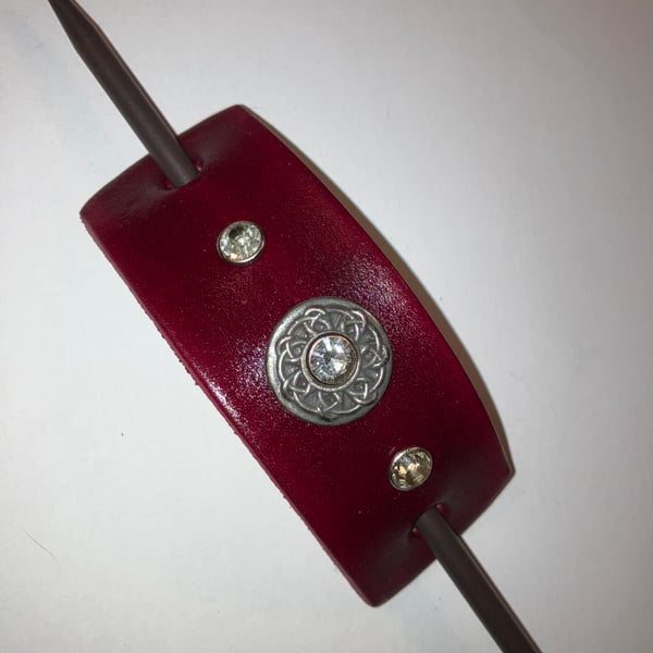 Dyed Red Leather HairStick Barrette W Celtic Knotwork Centre & White Gems
