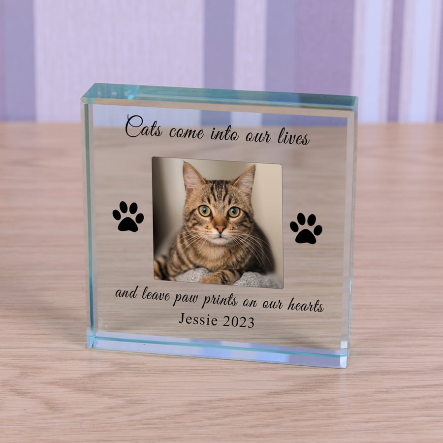 Cat Memorial, Personalised Photo Engraved Glass Block, Cat Keepsake, Paw Prints