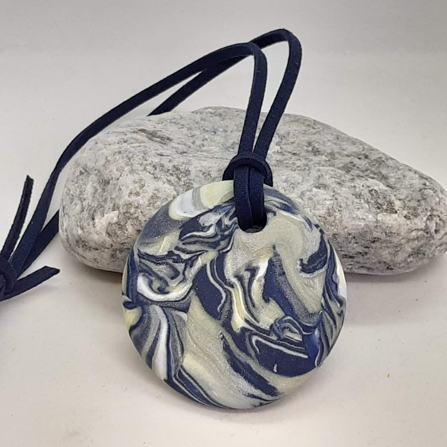Navy, sage and cream round pendant       