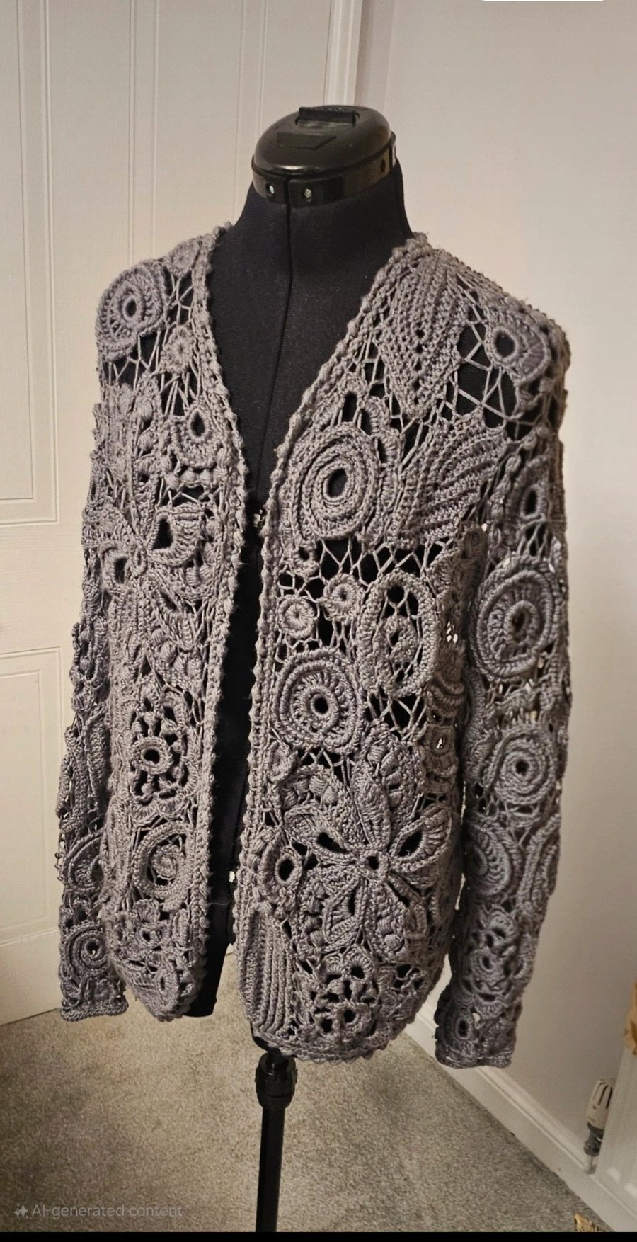 Grey Crochet Cardigan – Irish Lace Style, Handmade, Size 16Handmade Grey Irish L