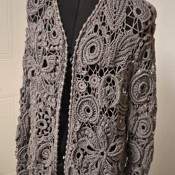 Grey Crochet Cardigan – Irish Lace Style, Handmade, Size 16Handmade Grey Irish L