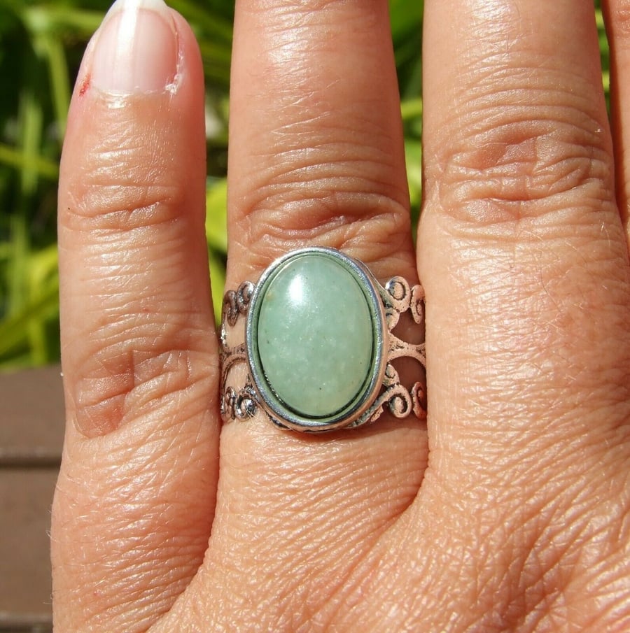Green Aventurine Reiki Gemstone Filigree-Style Tibetan Silver Adjustable Ring