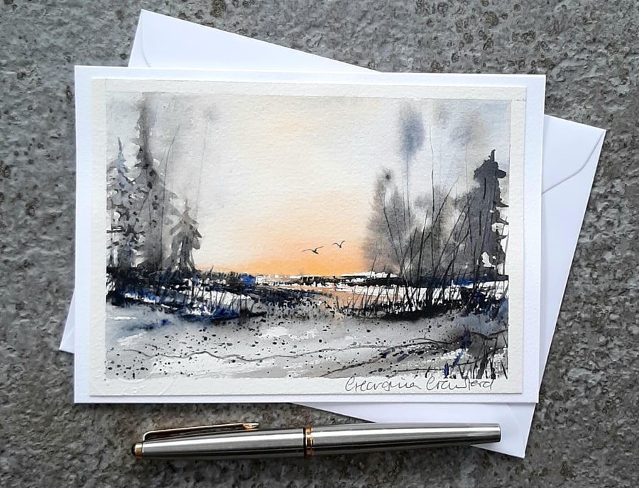 Late Sun. Handpainted Watercolour Blank Card