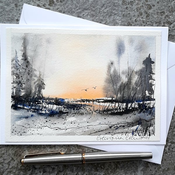 Late Sun. Handpainted Watercolour Blank Card