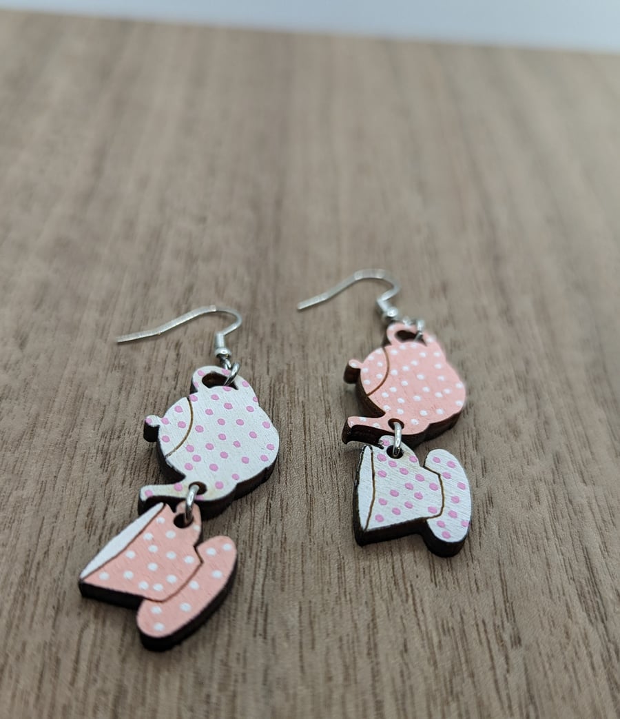Pink Eco Earrings - Hypoallergenic Stainless Steel - Teapot and Tea Cup