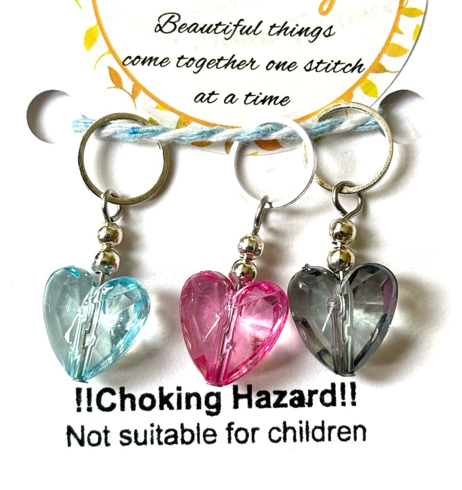 Set of 3 heart stitch markers for knitting or crochet