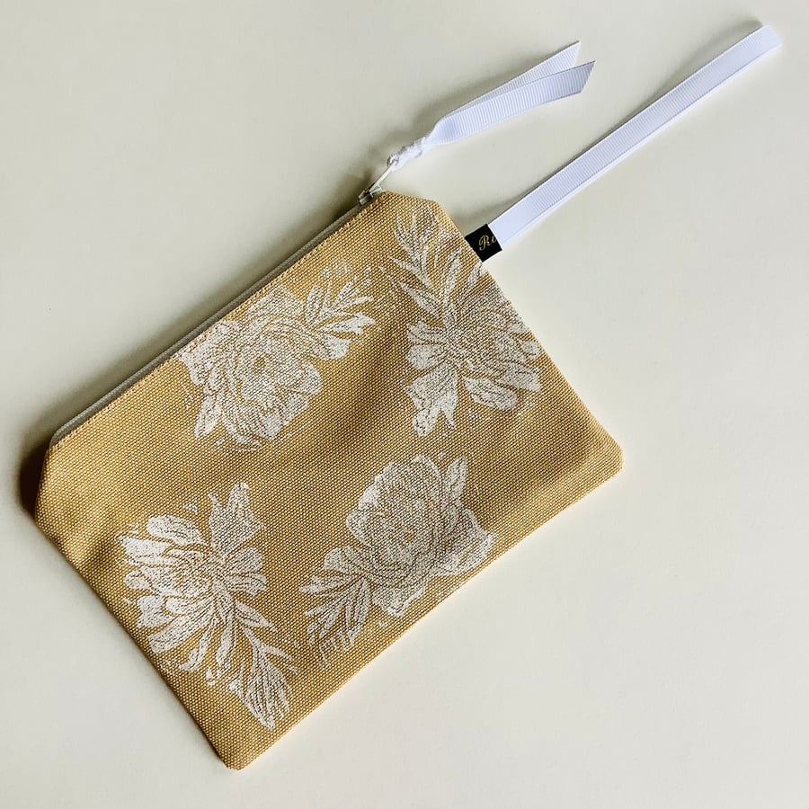 White Peony Print Cotton Zip-Up Pouch; Makeup Bag; Hand printed Purse 