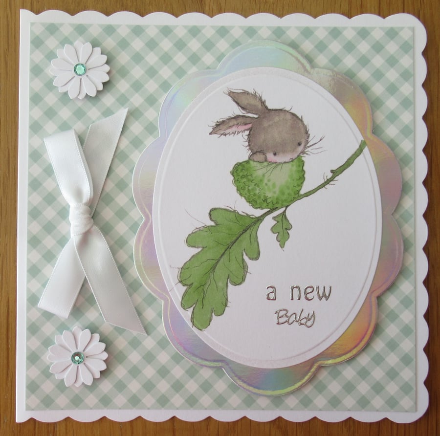 Bunny In An Acorn Cup - 7x7" New Baby Card - Green