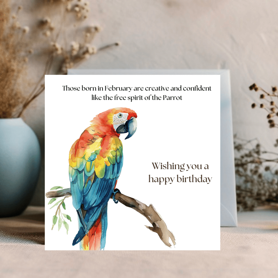  Parrot Watercolour printed greetings card for a February Birthday