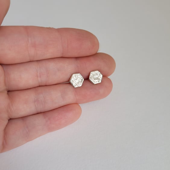 Hexagon Studs, Textured, Recycled Sterling Silver Earrings