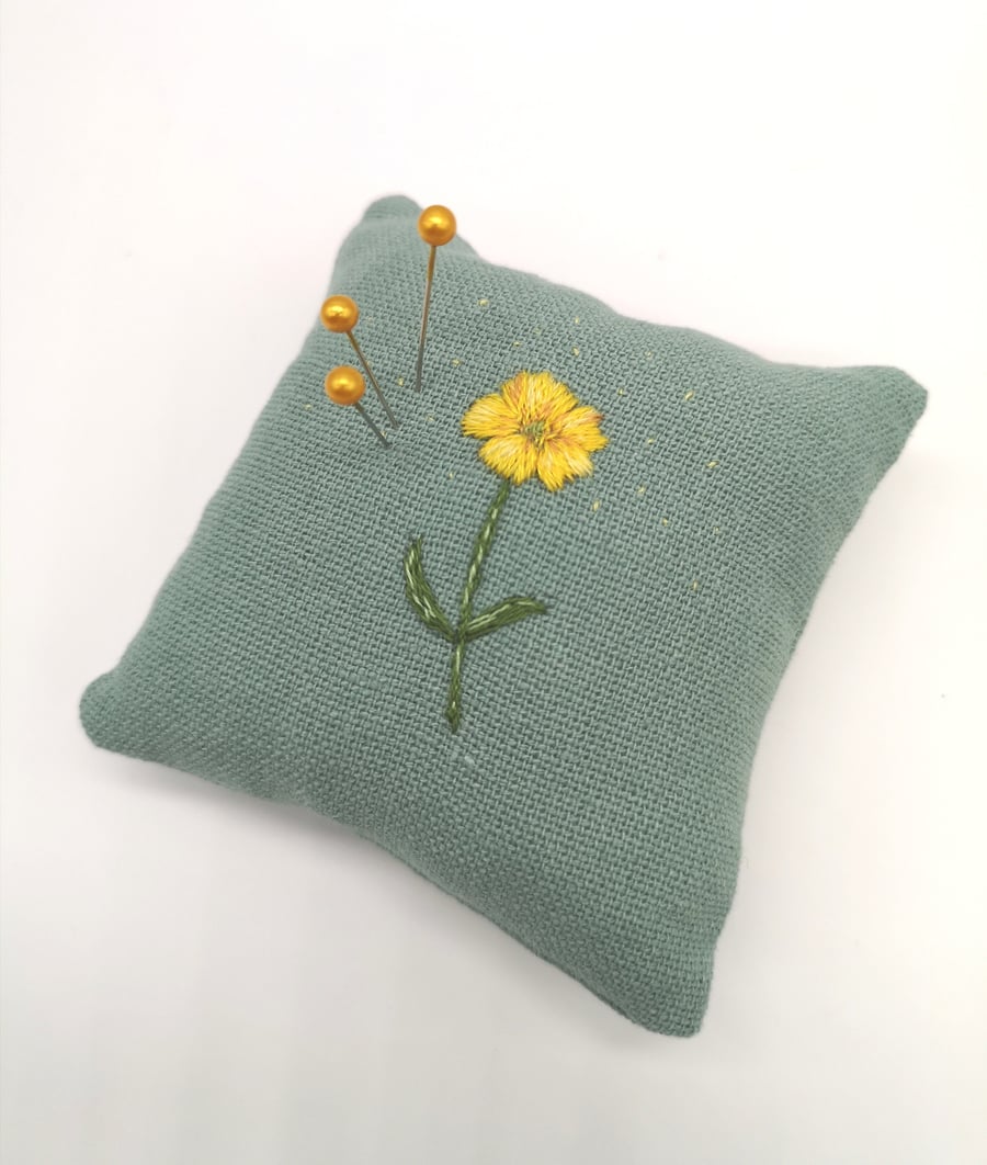 Handmade Pin Cushion with Hand Embroidered Buttercup