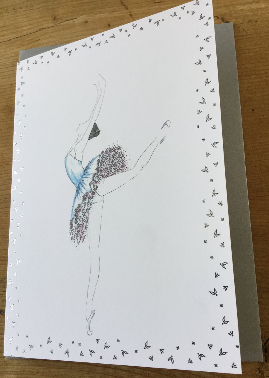 Blue Ballerina with silver detail and silver envelope 5 x7”