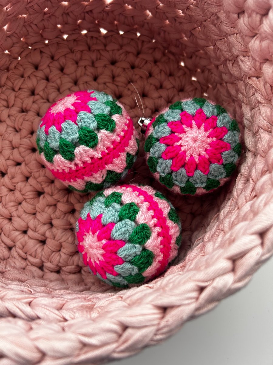 Set of 3 crochet Christmas baubles -  pink, turquoise and green