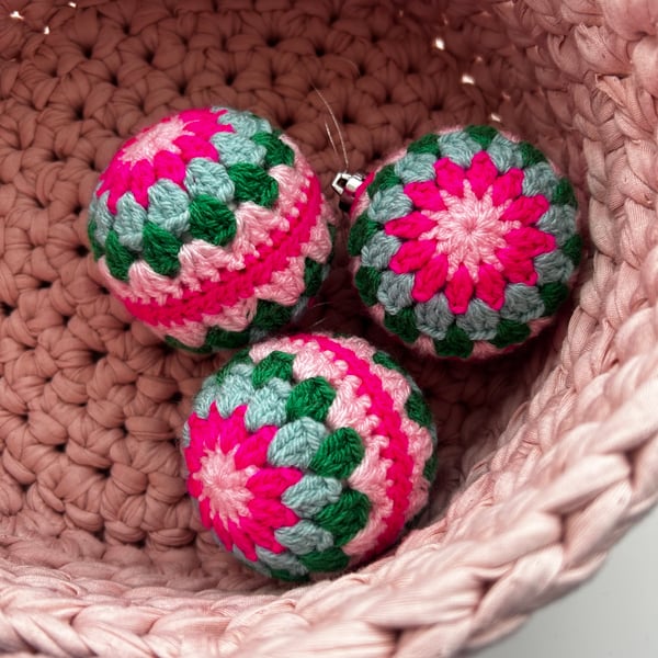 Set of 3 crochet Christmas baubles -  pink, turquoise and green