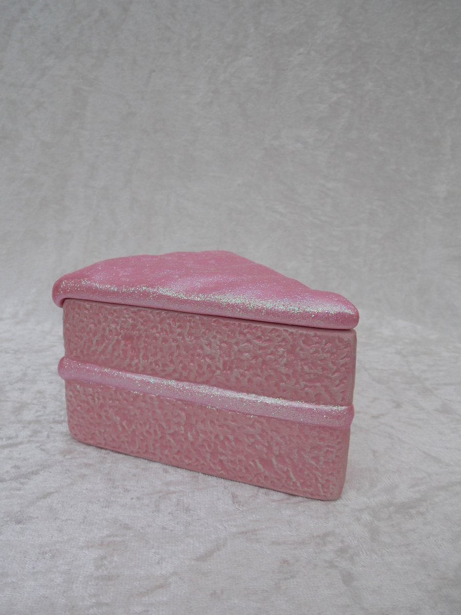 Ceramic Hand Painted Pink Glittery Party Cake Slice Jewellery Trinket Gift Box.