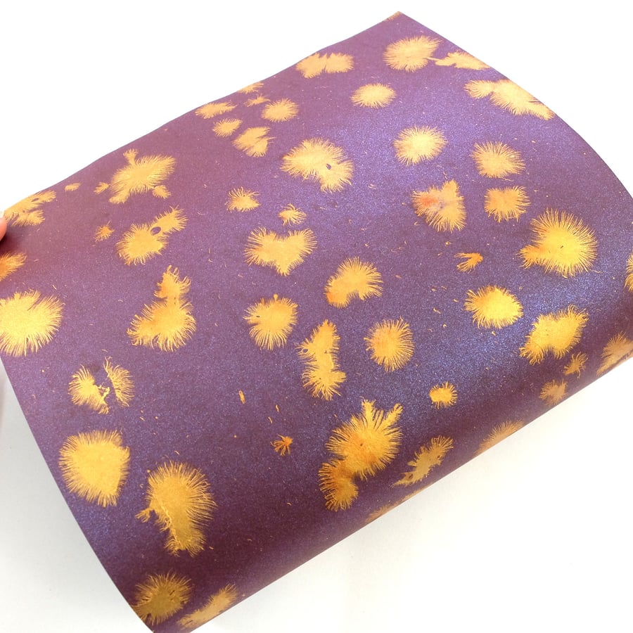 Metallic purple and gold 'star burst' pattern A4 Marbled paper slight second 