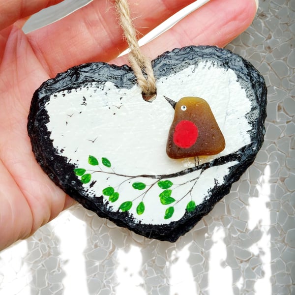 Sea Glass Robin Hanging Heart Decoration - Beach Glass Bird - Slate Decor