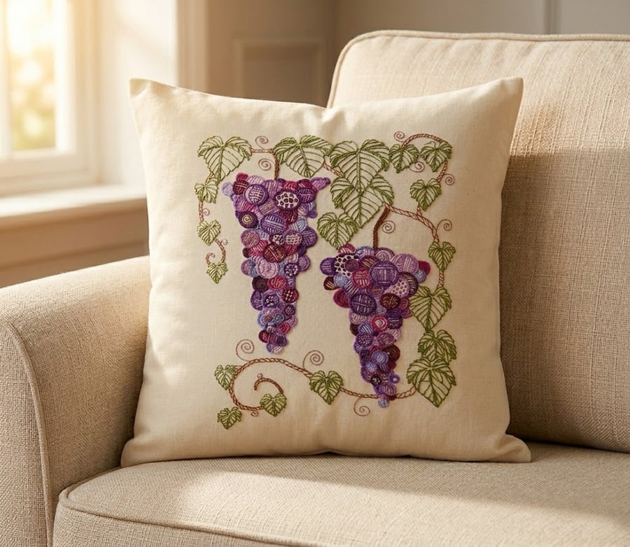 Cushion cover - Hand-Embroidered Grape Cluster Cushion