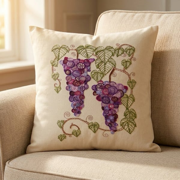 Cushion cover - Hand-Embroidered Grape Cluster Cushion