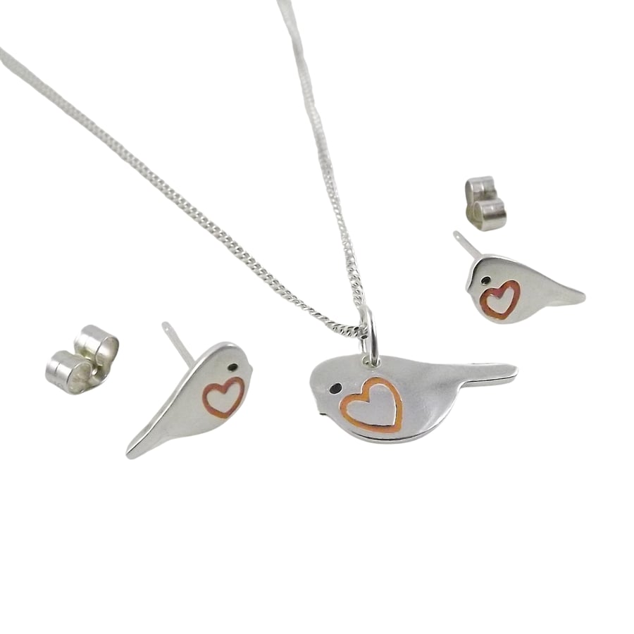 Robin jewellery set - small pendant and stud earrings (sterling silver)