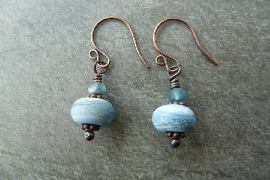 copper, blue lampwork glass earrings