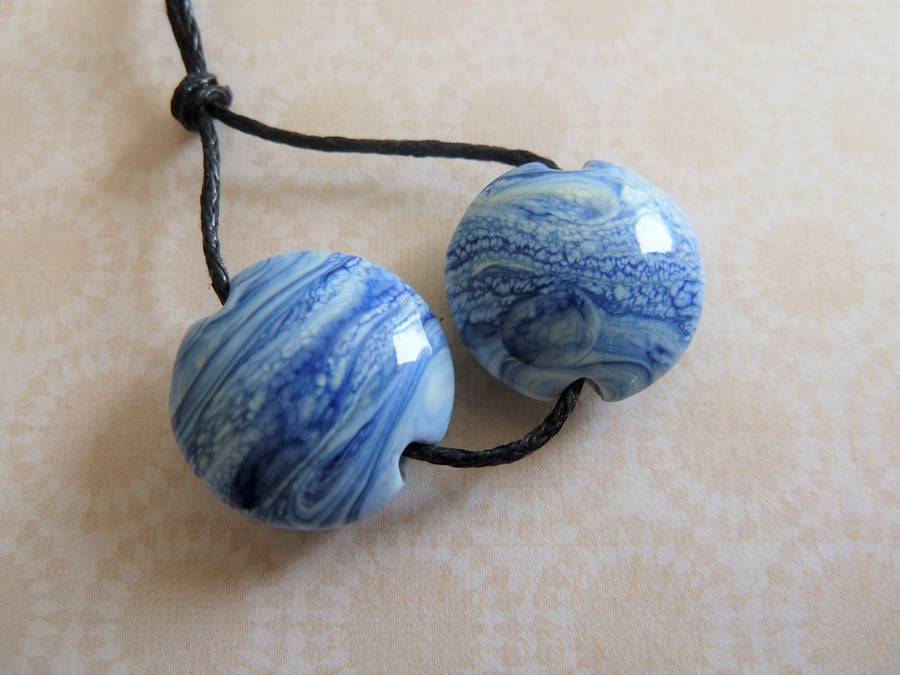 handmade lampwork glass beads, blue sea pair