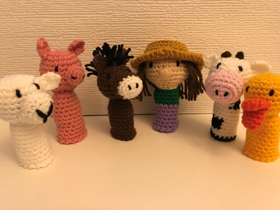 Crocheted Farm Animals Finger Puppet Set