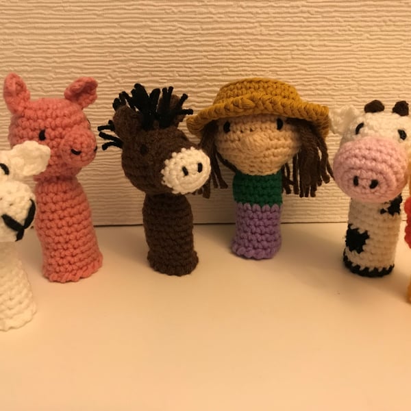 Crocheted Farm Animals Finger Puppet Set